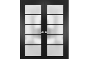 SARTODOORS Solid French Double Doors 60 x 80 inches Frosted Glass | Quadro 4002 Matte Black | Wood Solid Panel Frame Trims | Closet Bedroom Sturdy Doors