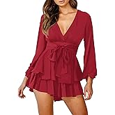 AIMCOO Women's Floral Print Deep V-Neck Romper Double Layer Ruffle Hem Jumpsuits Long Baggy Sleeves Waist Tie Short Rompers