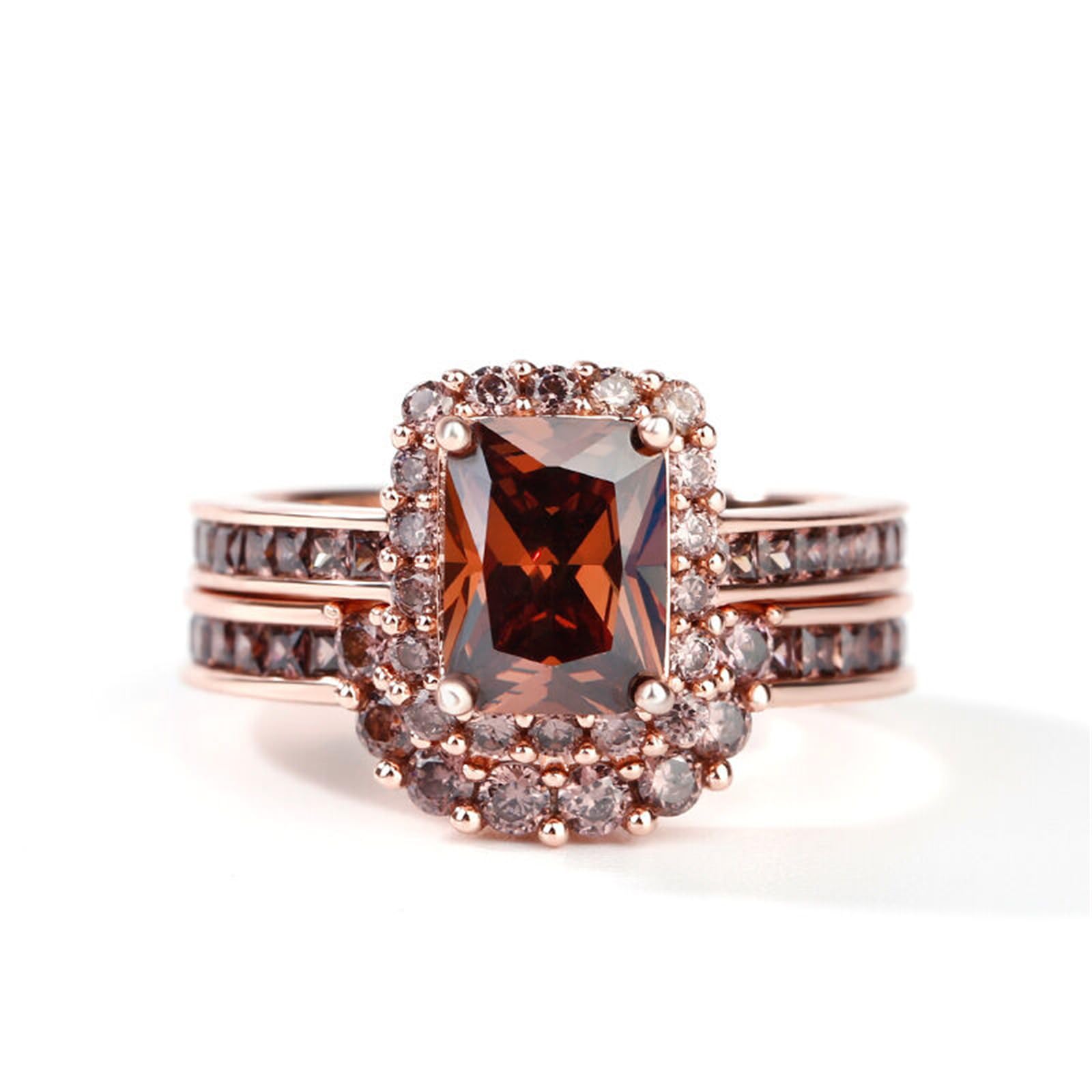 Jeulia "Delicious Coffee Halo Emerald Cut Sterling Silver Ring Set for Her Anniversary Promise Eternity Rings (M 1/2)