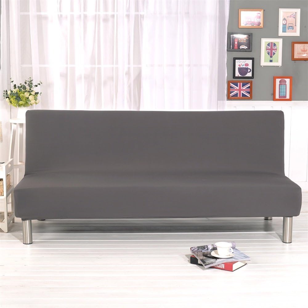 Solid Colour Armless Sofa Bed Cover Polyester Spandex Stretch Futon Slipcover Protector 3 Seater Elastic Full Folding Couch Sofa Cover fits Folding Sofa Bed without Armrests 80" x 50" in (Grey) - Image 4