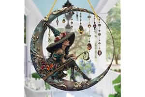 Beautiful Personalized Witch Window Hanging Suncatcher, Moon Halloween Cat Ornament for Car, Windows or Doors
