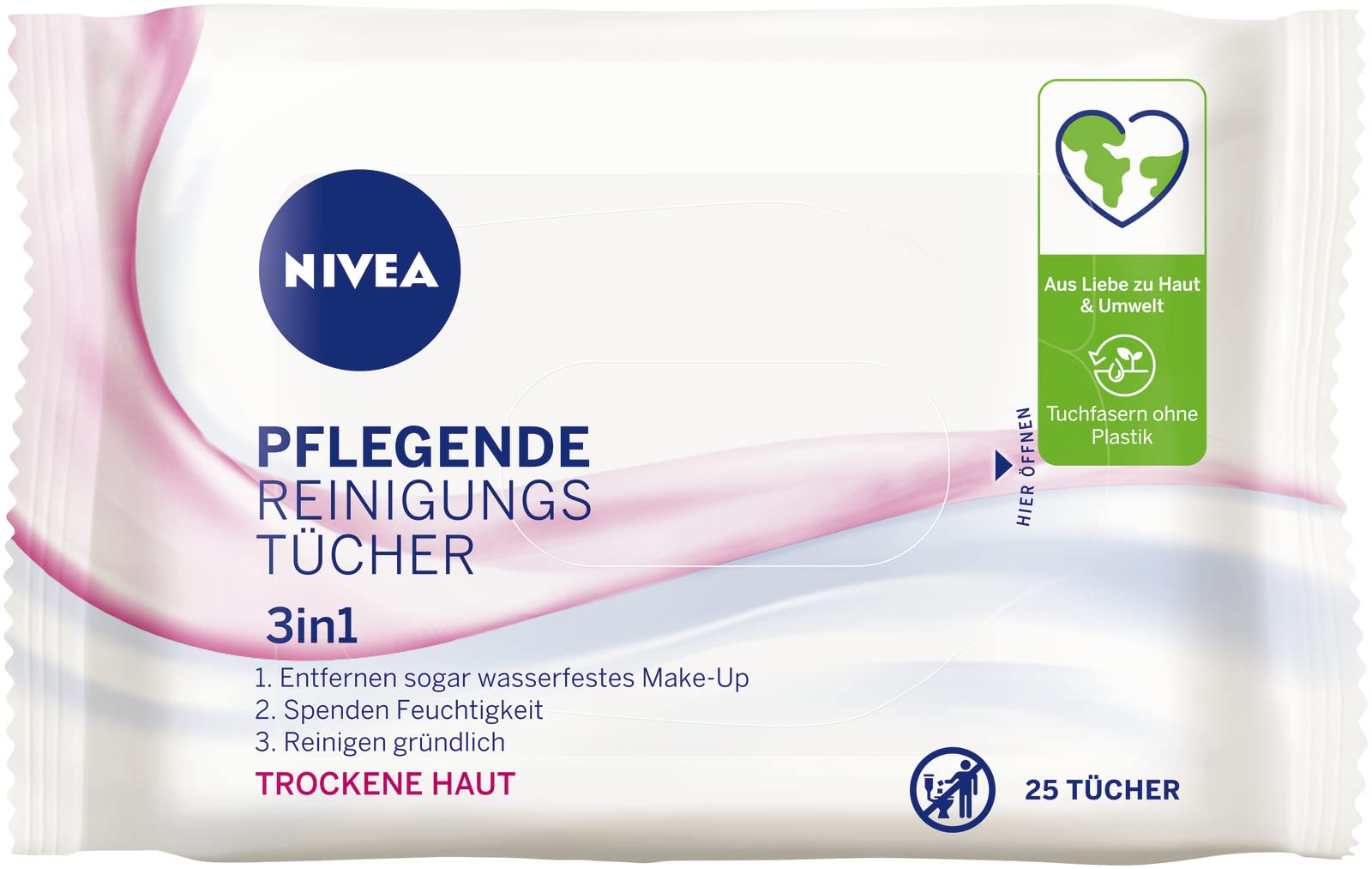 NIVEA 3-in-1 Gentle Cleansing Wipes (25 Wipes), Mild Facial Cleansing Wipes with Natural Almond Oil, Make-Up Wipes to Remove Make-Up & Waterproof Mascara