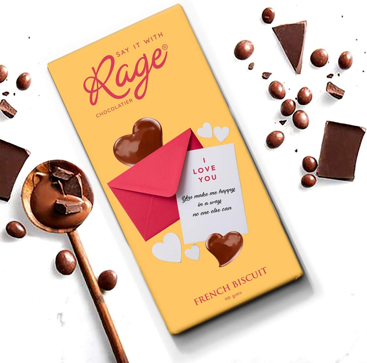 Rage Chocolatier I Love You, You Make me Happy in a Way, French Biscuit Chocolate Bar, 90 gm