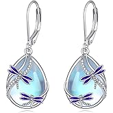 Dragonfly/Butterfly/Bee/Hummingbird/Owl/Cat/Axolotl Earrings for Women Sterling Silver Moonstone Cat'Eye Stone Turquoise Lapis Lazuli Onyx Opal Dangle Jewelry Gifts for Women