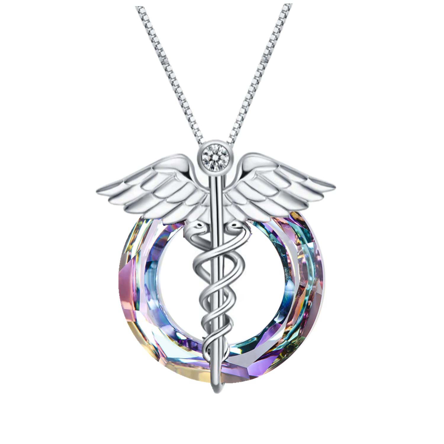 AOBOCO Nurse Gifts for Women, Caduceus Angel Wings Necklace 925 Sterling Silver with Crystals Jewellery Gift for Mum