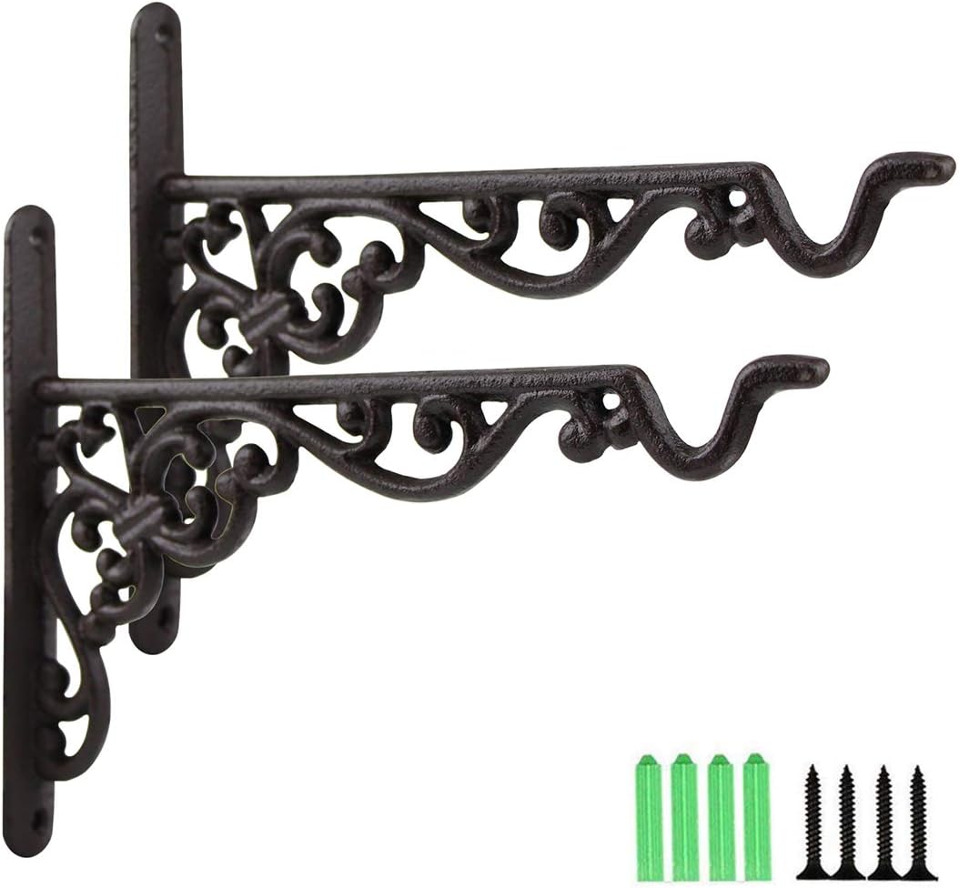 Jugaogao 2 Pack Cast Iron Plant Hanger Hanging Planters Basket Wall Hook with Screws, Vintage Metal Wall Stands for Bird Feeders, Planters, Lanterns, Wind Chimes, Wall Brackets - Dark Brown