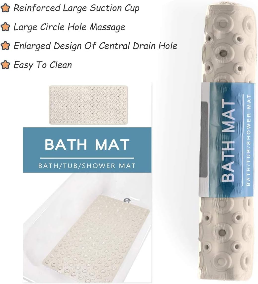 Bsicpro Bath Tub Shower Mat Non-Slip Bath Mat for Tub and Shower 35"x16"Upgrade Reinforced Large Suction Cups and Circle Hole Massage Enlarged Design of Central Drain Hole (Beige): Kitchen & Dining