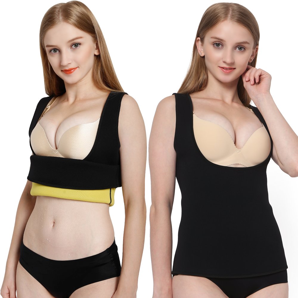 JforU Womens Hot Sweat Body Shaper Slimming Waist Trainer Neoprene Shirt Vest Weight Loss Shapewear No Zipper Black