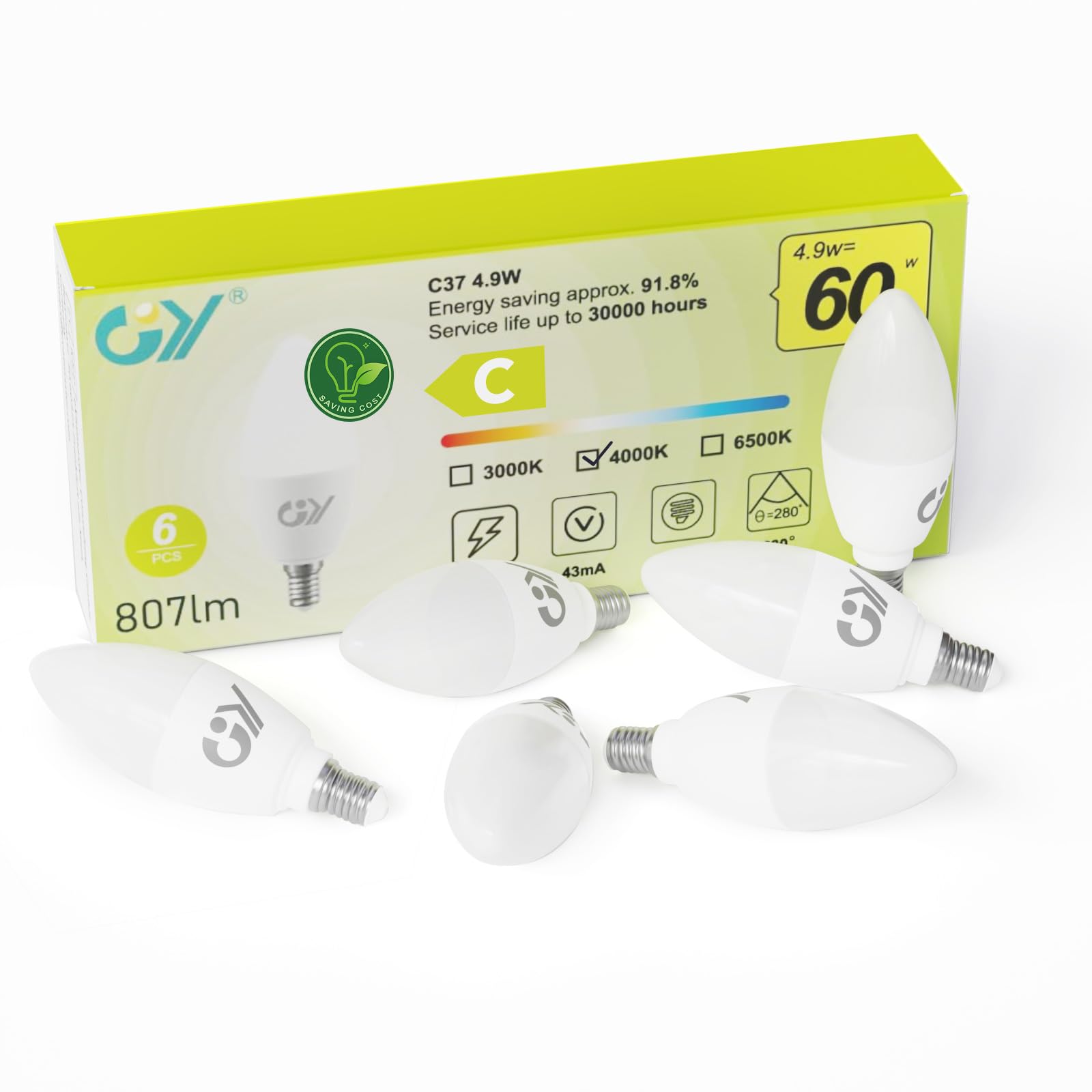 GY E14 LED Bulb Small Edison Screw SES Candle Energy Efficiency Bulb, 4000K Neutral White 4.9W 807 Lumens, Equivalent to 60W, 280° Beam Angle Non-Dimmable, Pack of 6 — image 1