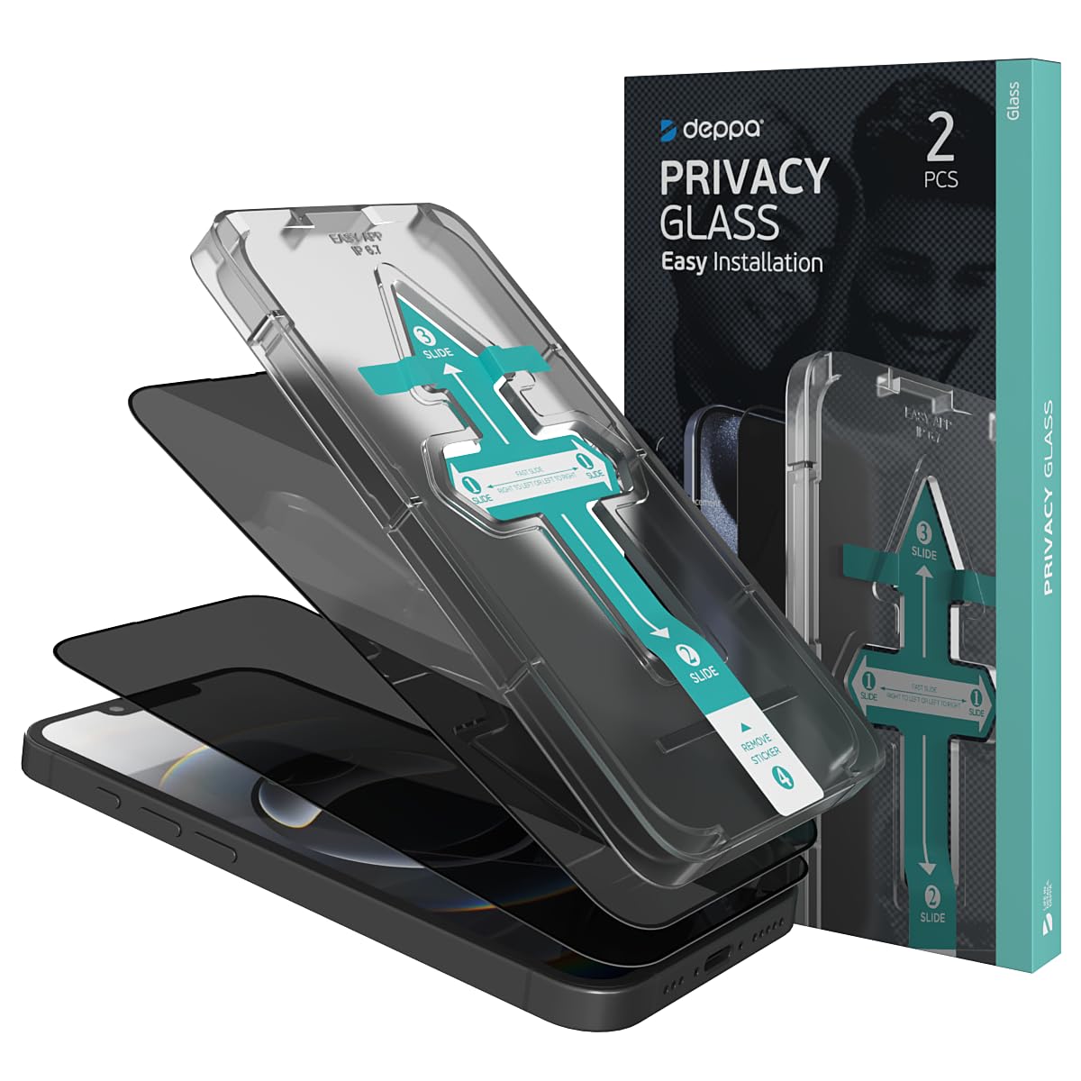 Deppa [2 Pack Premium Privacy Screen Protector for iPhone 14/13/13 Pro (6.1) Tempered Glass 3D Edge to Edge Full Cover with Easy Installation Kit Tray - Anti Spy, Privacy, Dark, Black Film