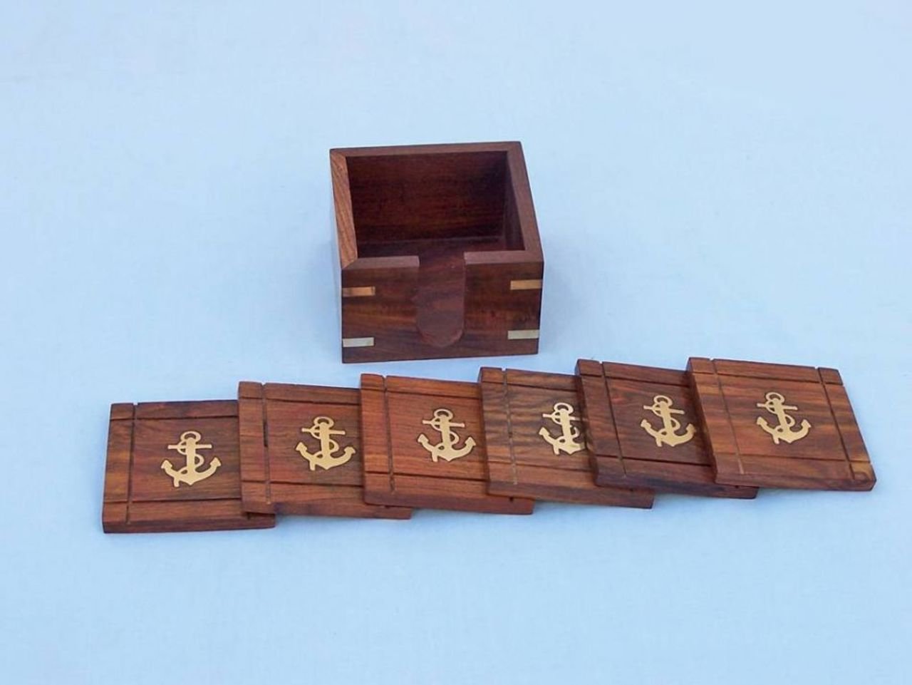 Hampton Nautical Wooden Anchor Coasters with Rosewood Holder (Set of 6), 3" Nautical Fashions
