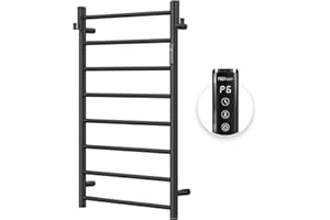 P&BHUSRI P&Bhursri Heated Towel Rack, 8-Bar Towel Warmer Rack for Bathroom, Wall Mounted Electric Towel Rack with Timer and LED Indicator, Stainless Steel Matte Black, Hard-Wired/Plug-in