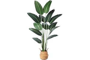Ferrgoal Artificial Bird of Paradise Plants 6 Ft Fake Tropical Palm Tree with 13 Trunks in Pot and Woven Seagrass Belly Basket Perfect Faux Plant for Home Indoor Outdoor Office Modern Decor Green 1Pc…