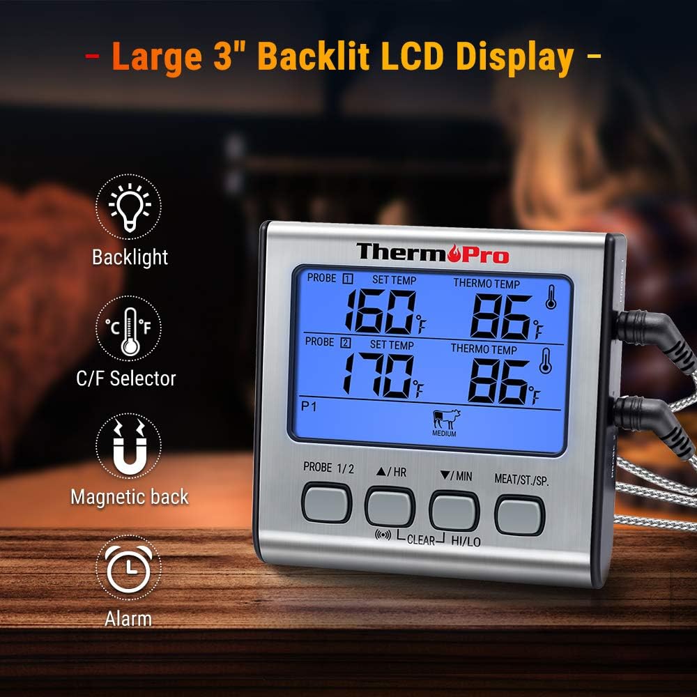 ThermoPro TP-17 Dual Probe Digital Cooking Meat Thermometer Large LCD Backlight Food Grill Thermometer with Timer Mode for Smoker Kitchen Oven BBQ, Silver: Garden & Outdoor