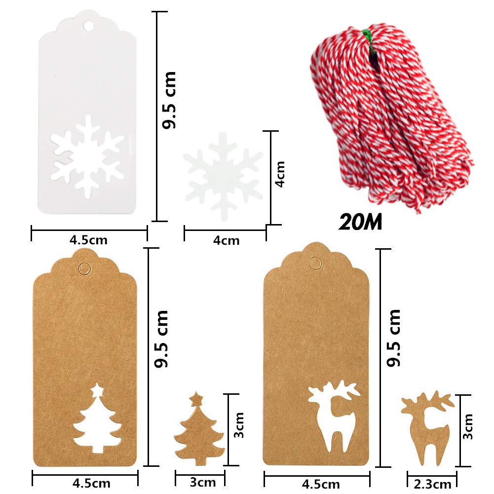 HAKACC Weihnachten Etiketten Anhänger, 150 Stück Geschenkanhänger Kraftpapier Tags Anhängeschilder mit Schnur für Dekorieren von Weihnachtsbaum, handgemachte Arbeit