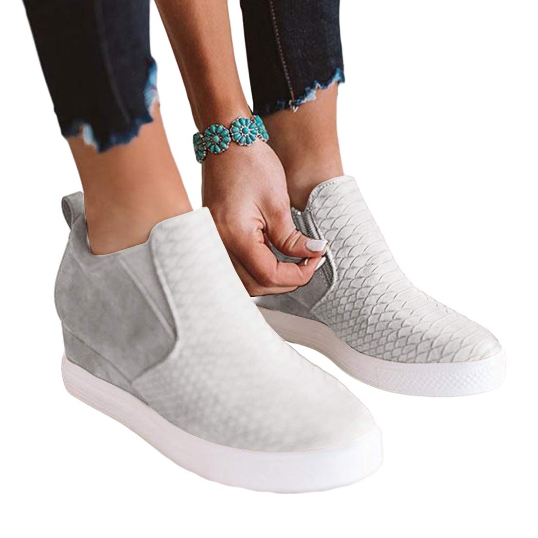 Fashare Womens Wedge Sneakers High Top Side Zipper Platform Hidden Wedgie Shoes Booties