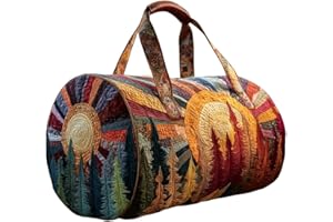 Vintage Boho Sunrise Quilted Duffle Bag Women Men Travel Tote Elegant Weekender Bag For Road Trips, 3D, 18*9*9 inch, Vintage