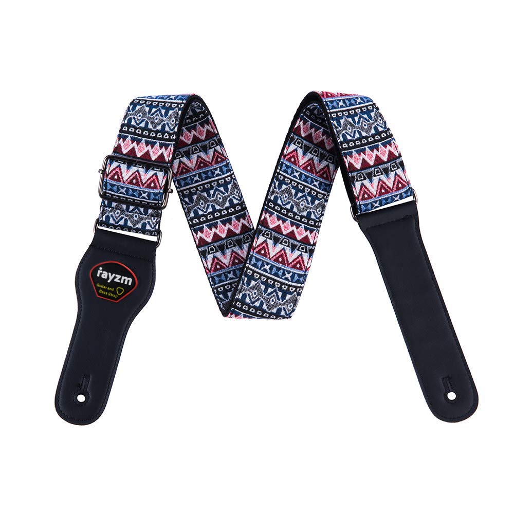 Rayzm Cotton Guitar Strap/Bass Strap, Bohemian Style Knitting Belt for Acoustic/Electric/Bass Guitar with Pick Pocket, 5cm Wide, Metal Buckle, Adjustable Length
