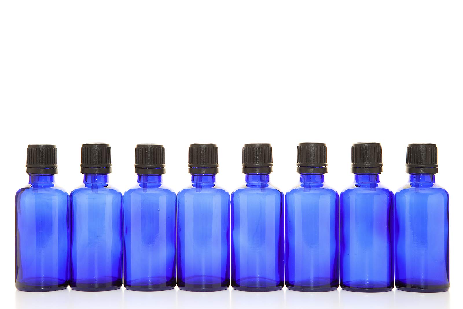 Aura 50ml BLUE Glass Bottles with Black T/E Caps & Droppers - PACK of 8