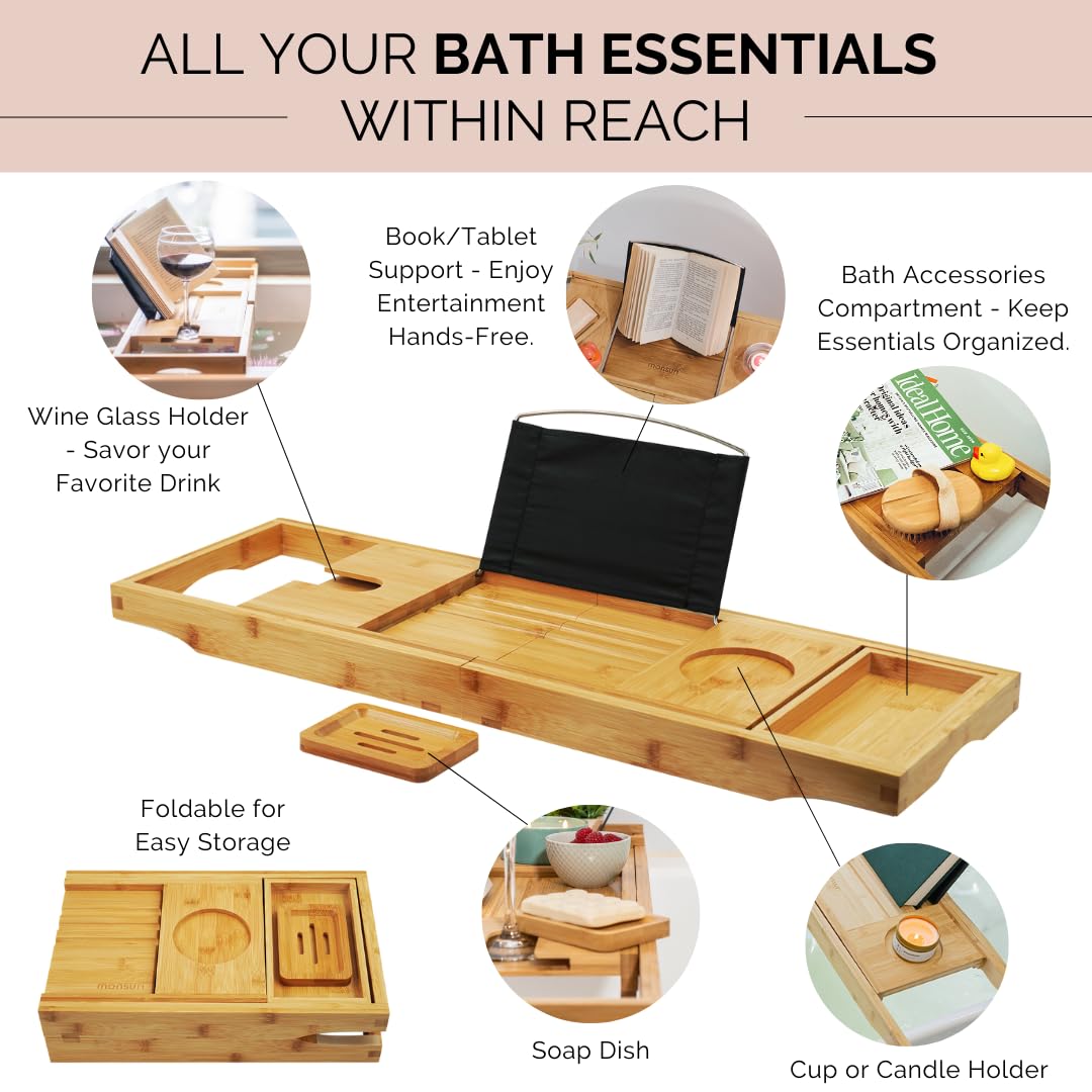 Foldable Bathtub Tray Caddy - Expandable Bath Tray for Tub | Secure, Non-Slip Bathtub Caddy for Tub for Bath Accessories, Self Care Home Spa Gift Set, Relaxing Gifts for Women, New Moms, House Warming