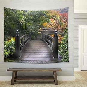 Wooden Bridge at Portland Japanese Garden Oregon in Autumn - Fabric Wall Tapestry Home Decor - 51x60 inches