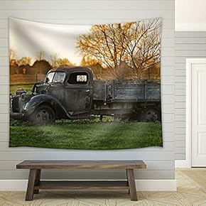 Rustic Old Pickup Truck on The Backyard. Abandoned Old Truck - Fabric Wall Tapestry Home Decor - 51x60 inches