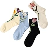 MarJunSep Cute Floral Crew Socks for Women Teen Girls Flower Cottagecore Frilly Vintage Fancy Cotton Socks