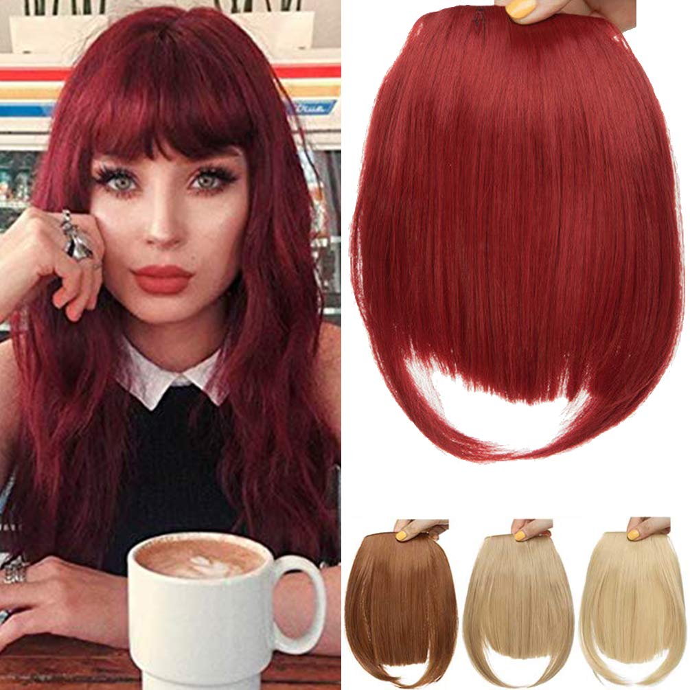 Clip in Hair Bangs Fringe Bangs Hair Extensions Straight Bangs with Temple Hairpieces Accessories Thick Full Neat Front Bangs Hair Piece Dark Red