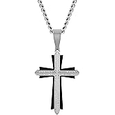 Men's Stainless Steel Diamond Pave Cross Pendant Necklace, Layered Design on 24” L316 Steel Cable Chain
