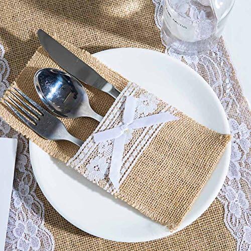 ARKSU Burlap Lace Utensil Holders with Bow 200 Packs Silverware Cutlery Pouch Knifes Forks Bag for Vintage Natural Wedding