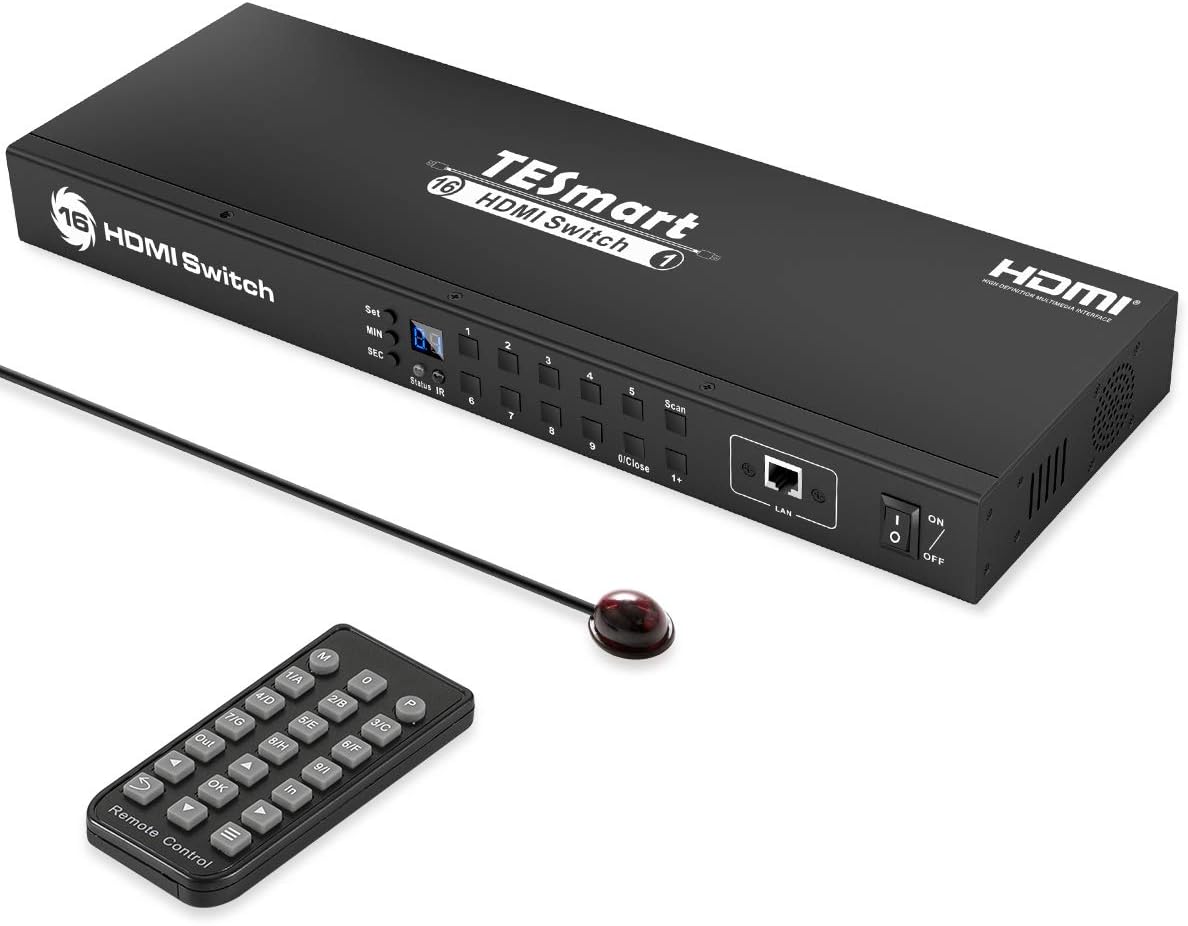 TESmart 16×1 HDMI Switch 16 in 1 Out 4K@30Hz HDCP 1.4 with 19-inch Rack-Ears | RS-232 / LAN Control | IR Remote Control and Auto Switch | Auto Scan Time Interval - Black: Electronics