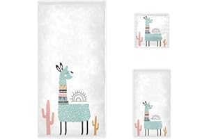 Naanle Cute Cartoon Llama Cactus Tribal Style Soft Decorative Set of 3 Towels, 1 Bath Towel+1 Hand Towel+1 Washcloth, Multipurpose for Bathroom, Hotel, Gym, Spa and Beach(Green White)