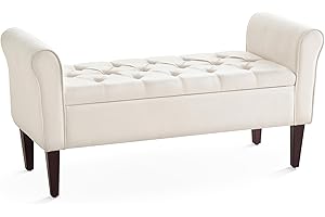 HUIMO Arm Storage Ottoman with 7.5-inch Solid Wood Legs, Storage Bench, Upholstered Window Sitting Bench for Bedroom,End of Bed Bench Indoor, Livingroom, Entryway (Beige)