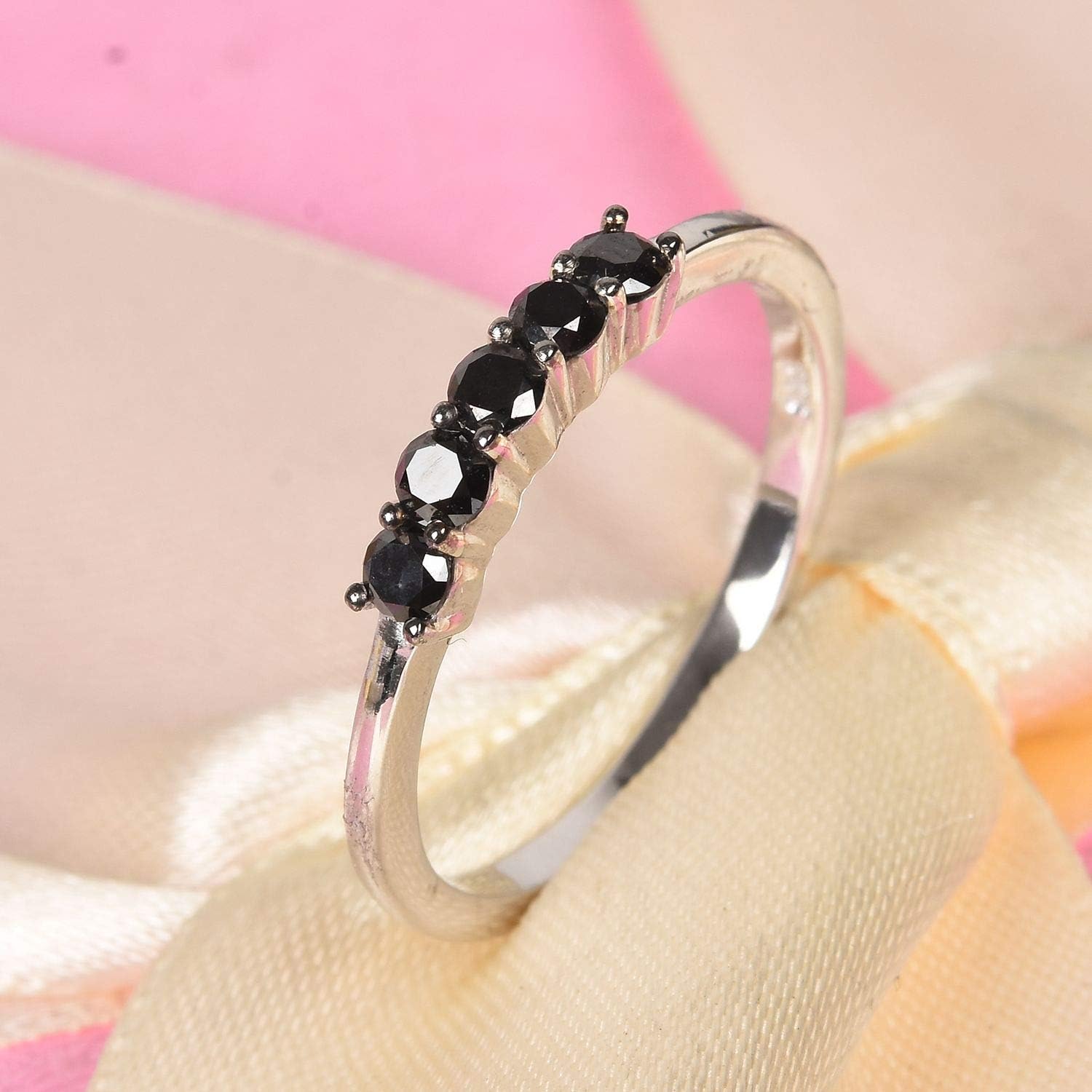 925 Sterling Silver Platinum Plated Round Black Diamond Promise Ring Anniversary Jewelry Gift for Women Ct 0.5 I3 Clarity