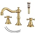GGStudy 2 Handles 3 Holes Faucet Widespread Bathroom Sink Faucet Antique Brass Basin Tap Mixer Supply Hose Included Matching Metal Pop Up Drain