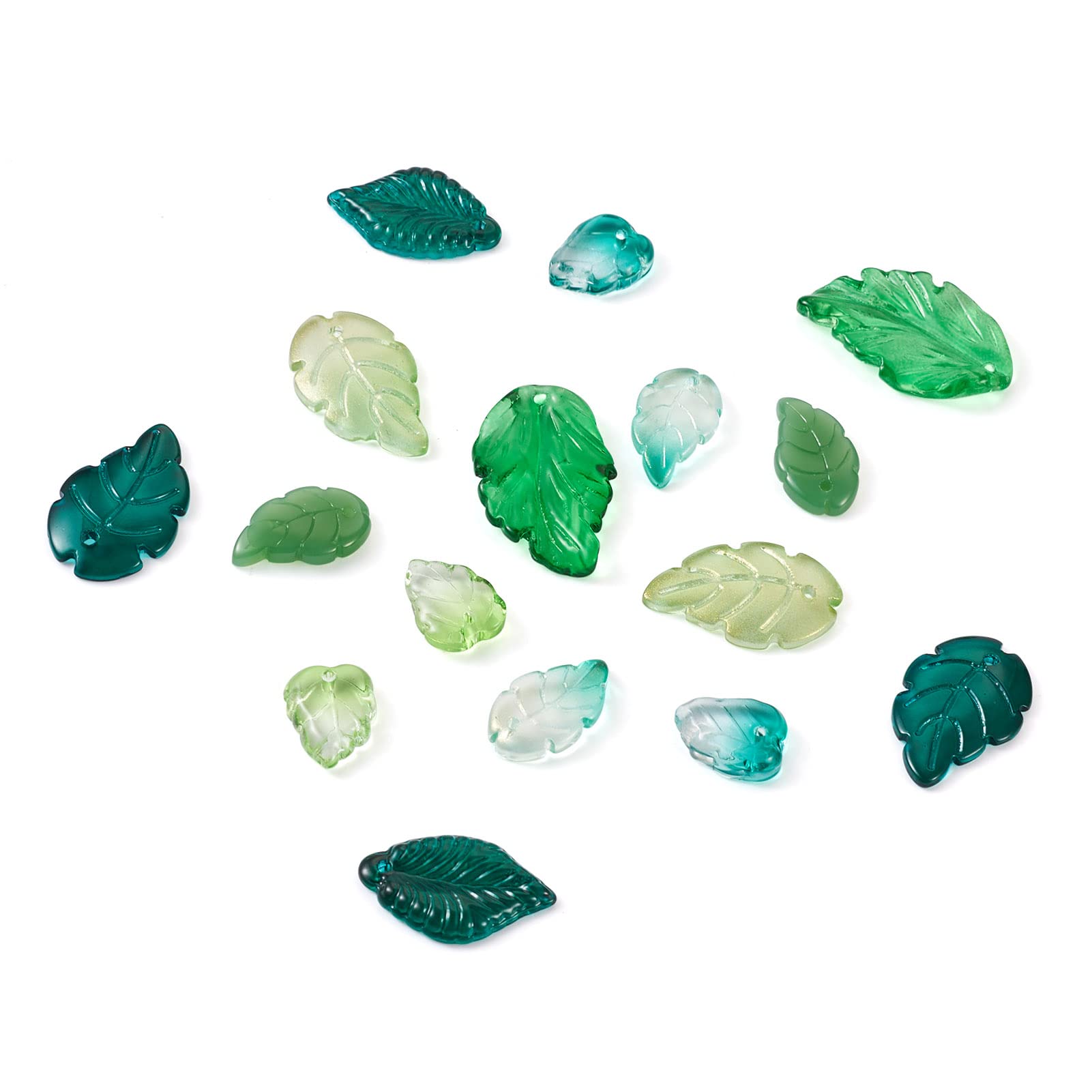 PandaHall 160pcs Leaf Glass Charms Pendants 8 Styles Green Transparent Leaves Dangle Charms Glass Spacer Loose Beads for Bracelet Necklace Earring Jewelry Craft Making, Hole: 1.2~1.5mm
