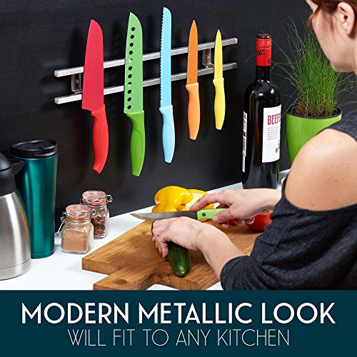 18 inch Magnetic Knife Holder From Any Kitchen Stuff - Stainless Steel Magnet Tool Bar With 6 Removable Hooks, Wall Mount Home Organizer Rack Strip for Metal Utensil Set - Includes Screws and Hardware - Thumbnail 2