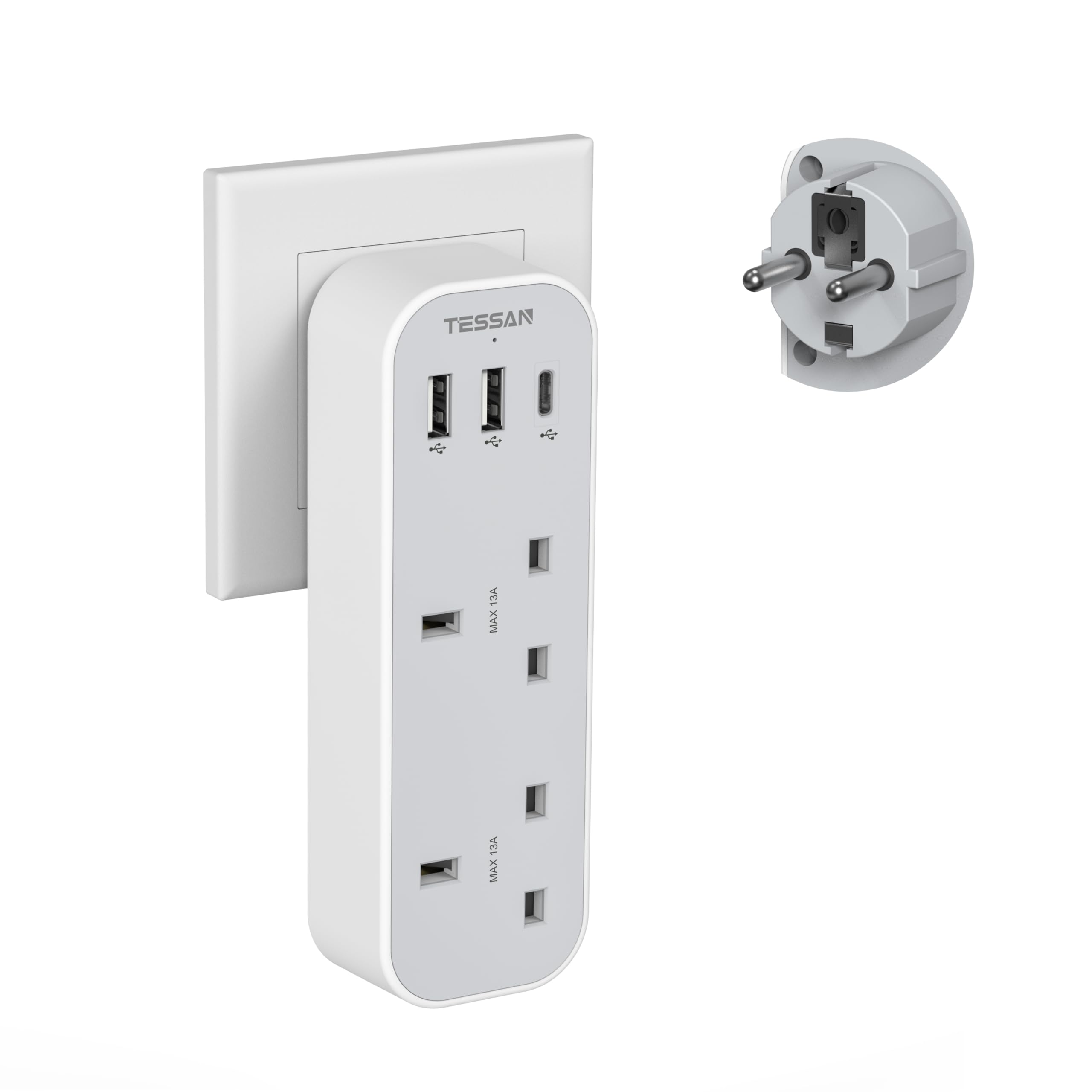 UK to European Travel Plug Adapter, TESSAN Grounded EU Euro Europe Travel Adapter with 3 USB (1 USB C), European Adaptor Multi Plug Outlet for Spain France Iceland Germany Greece Poland (Type E/F)