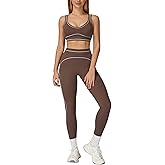 PQBPQB Women 2 Piece Workout U Back Color Block Sports Bra High Waist Tummy Control Active Leggings Yoga Pilates Outfits