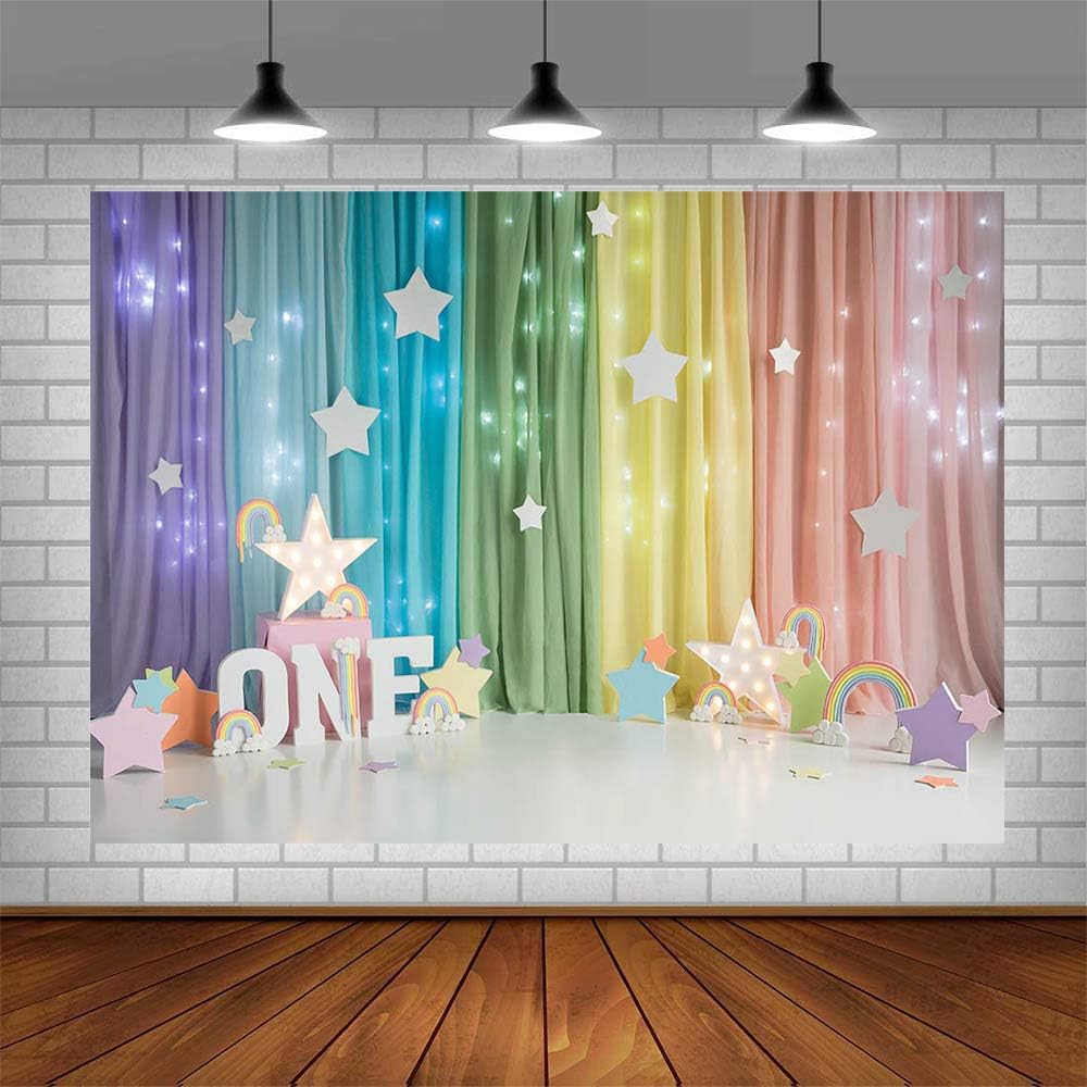 MEHOFOND 7x5ft Rainbow One Birthday 1st Girl Bday Hanging Stars Party Supplies Decoration Banner Photo Studio Props for Cake Smash - Image 5