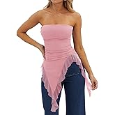 Womens Strapless Tube Tops Summer Asymmetrical Long Ruched Mesh Shirts Cute Y2k Ruffle Hem Going Out Bandeau Top