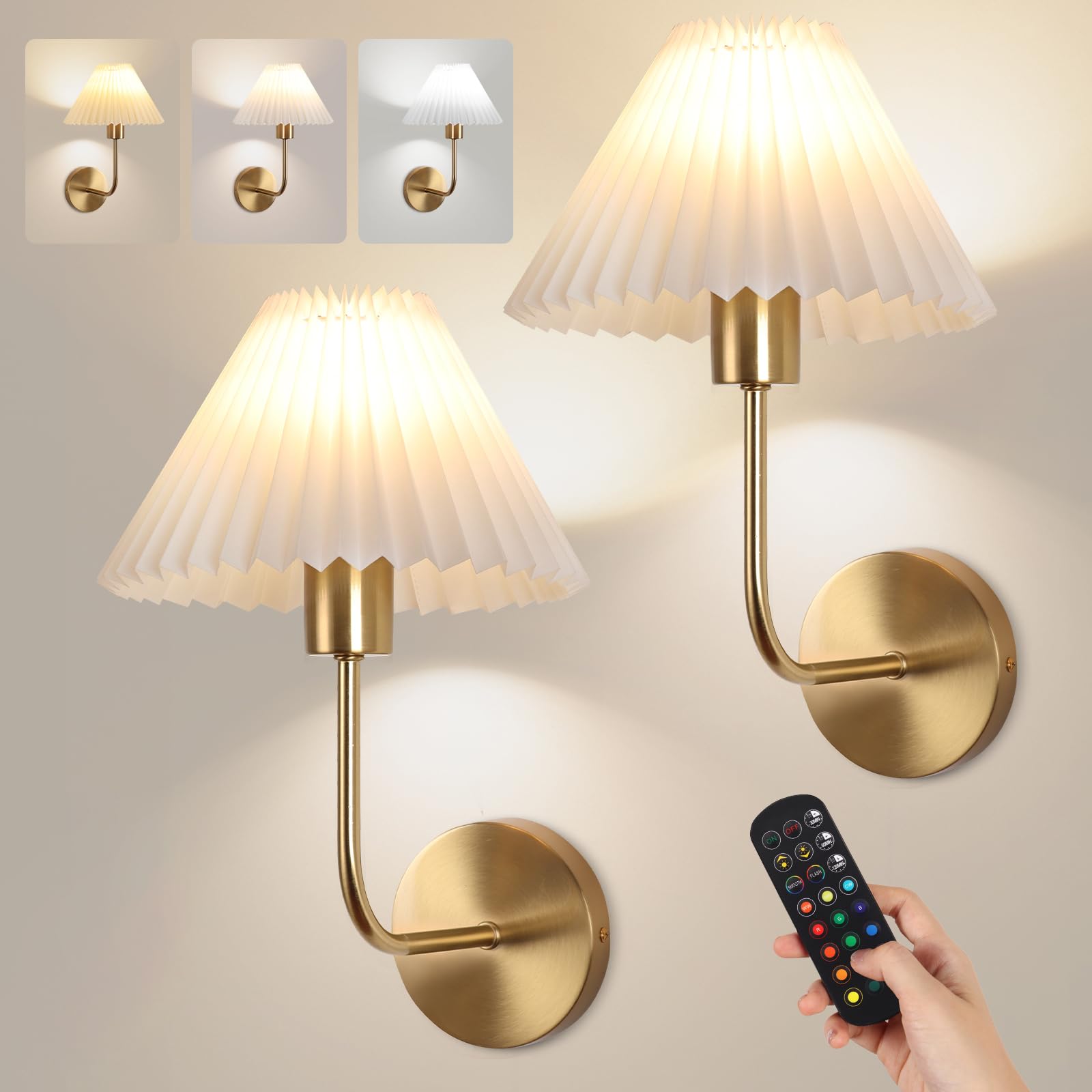 Photo 1 of Wireless Wall Sconce Sets of 2, Pleated Shades Rechargeable Battery Operated Wall Sconce, Retro Industrial Gold Wall Lights Bathroom Vanity Sconces, Wall Mounted Lamps for Bedroom Living Room Kitchen