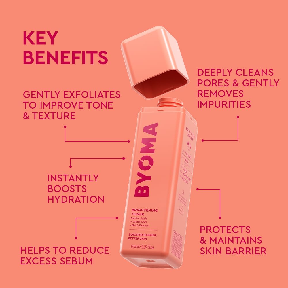 BYOMA Brightening Toner - Gently Exfoliating & Hydrating Facial Treatment with Lipids & Lactic Acid - Alcohol-Free for Barrier Repair - 5.07 Fl. Oz