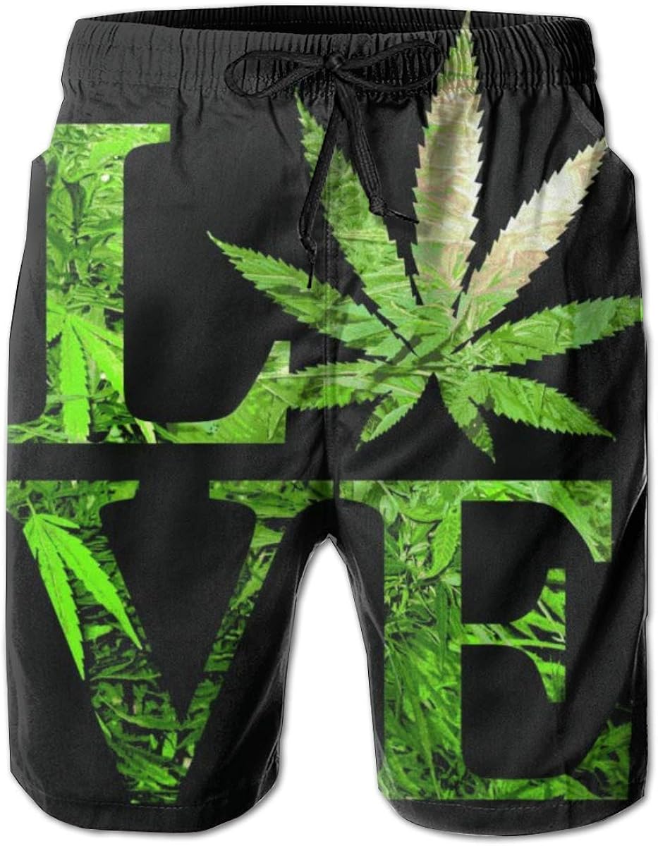 QUEMIN Love Marijuana Weed Leaf Black Men Fashion Swim Trunks Quick Dry