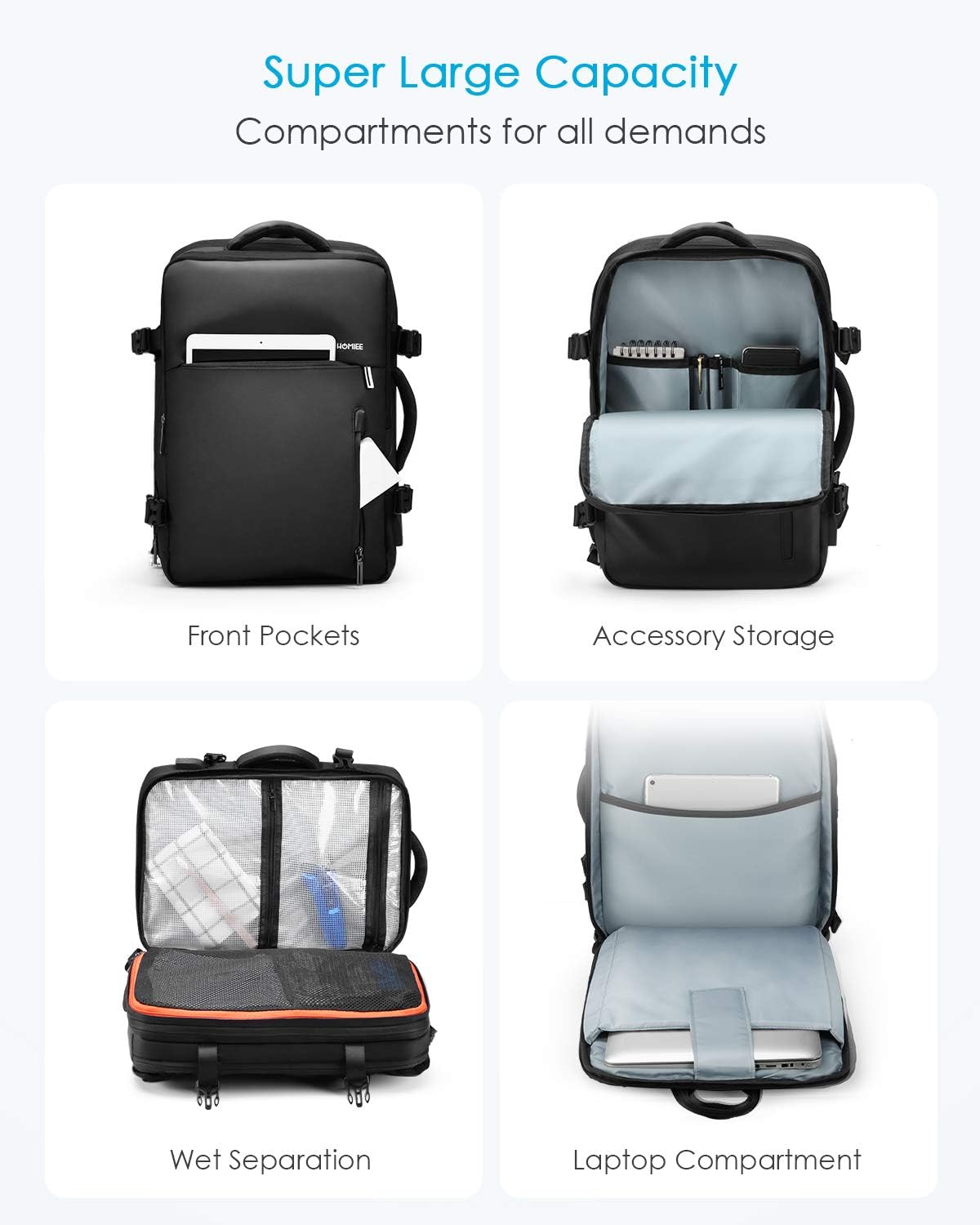 HOMIEE Easyjet Cabin Bags 22-40L Expandable Travel Backpack 45x30x17 Underseat Carry On Backpack Flight Approved Hand Luggage Suitcase 15.6 Inch Laptop Rucksack Casual Daypack School Bag Black - Image 4