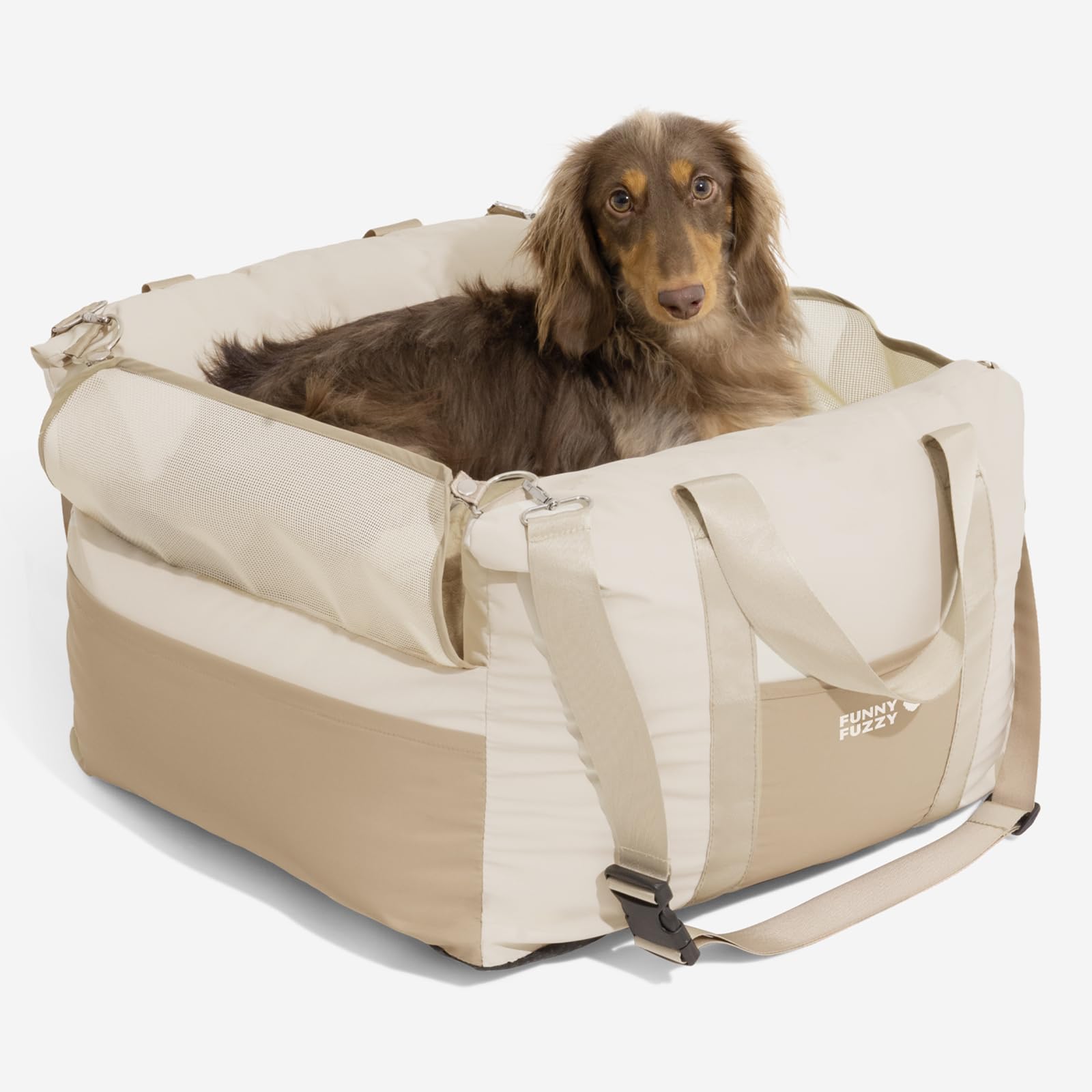 Photo 1 of FUNNY FUZZY Dog Car Seat Waterpoof for Small & Medium Dogs Up to 35lbs, Detachable & Washable Pet Booster Seat with Leash, Thick Cushion, Storage Pockets & Adjustable Straps (Beige)