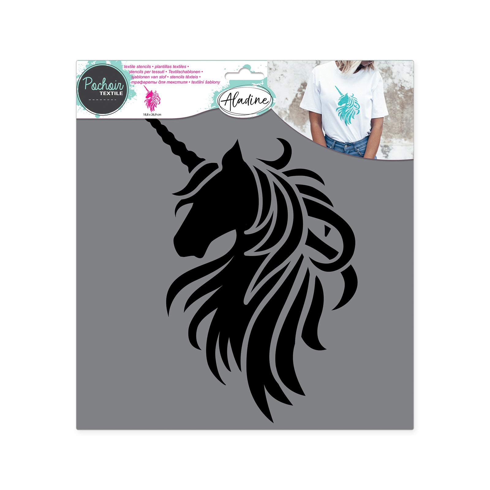 Aladine - Unicorn Textile Stencil - Decoration on Fabric - To Customize Canvas, T-shirts, Tote Bags - Washable - 28 x 28 cm - Large Graphic Design