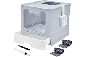 Panghuhu88 Foldable Cat Litter Box with Lid, Large Top Entry Cat Toilet, Enclosed Cat Potty Include Cat Litter Scoop, Drawer Type Easy Clean Cat Litter Pan(Grey)