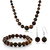 Gem Stone King 10MM Tiger Eye Brown Color Cross Cut Bead Necklace Bracelet and Earrings Set For Women