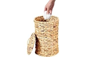 Wicker Basket with Lid, Bedroom Bin, 2.36 Gallon Waste Paper Basket, Wicker Trash Can for Boho Decorative Garbage Cans for Be